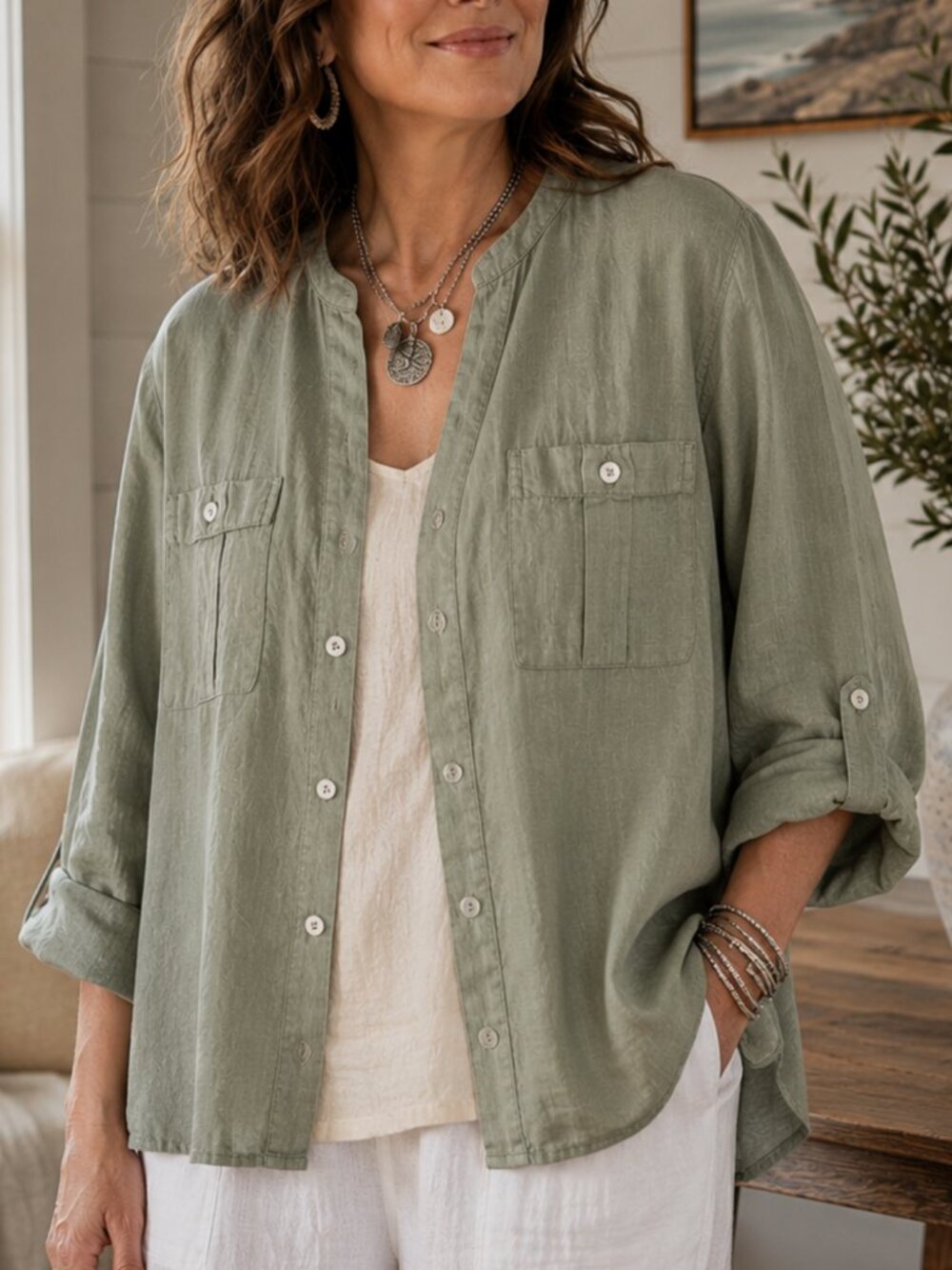 Isaac Mizrahi 100% Linen Sage Utility Blouse XL Coastal Resort Lagenlook NWOT